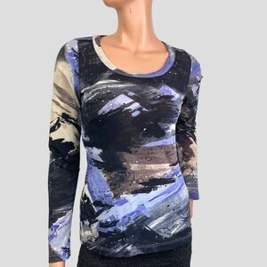 Karen‎ Kane Women’s Abstract Splatter& Brush Strokes Sparkles Mesh Top Sz. S Y2K